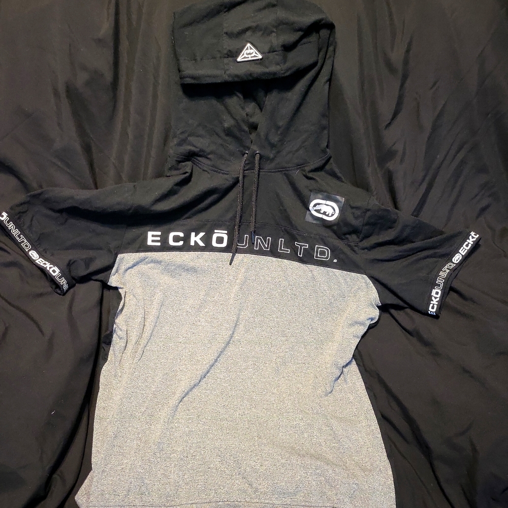 Hoodie, men's large, echo unlimited, black and gray.